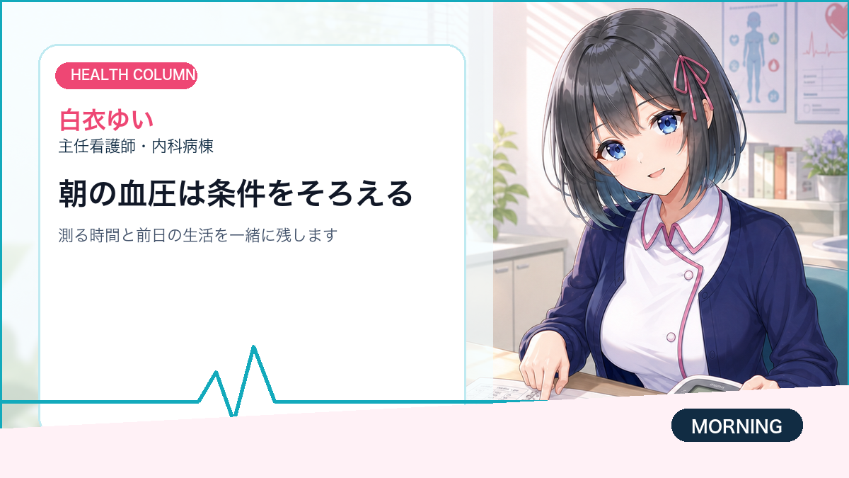 白衣ゆいが朝の家庭血圧と相談メモを整理する画像