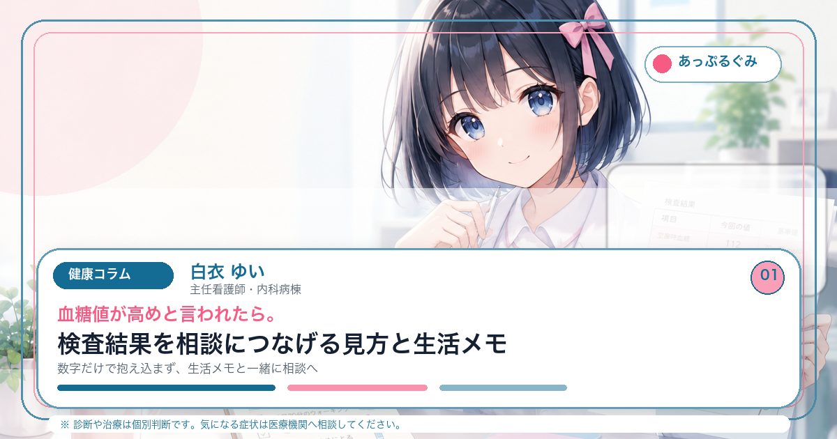 血糖値が高めと言われたら。検査結果を相談につなげる見方と生活メモ キャラクター入りアイキャッチ画像