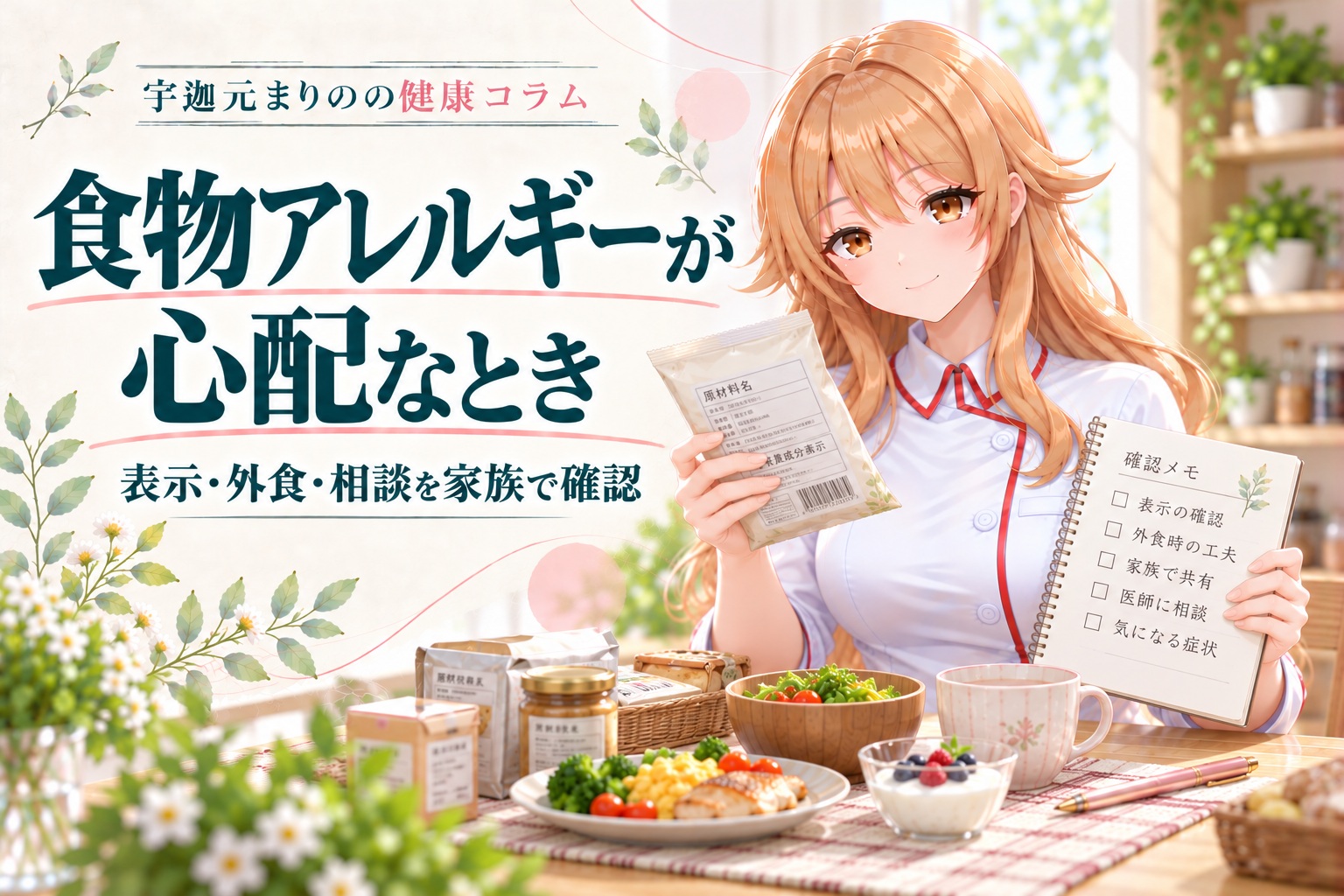 宇迦元まりのの健康コラム。食物アレルギーの表示・外食・相談を家族で確認。