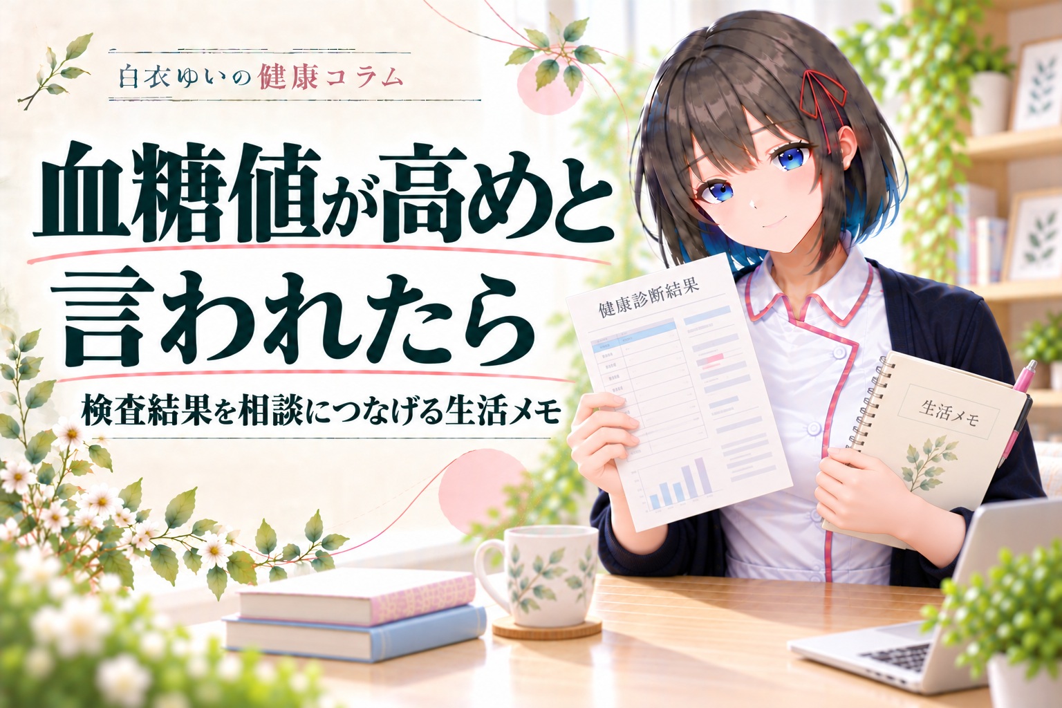 白衣ゆいの健康コラム。血糖値が高めと言われたら結果と生活を相談へ。