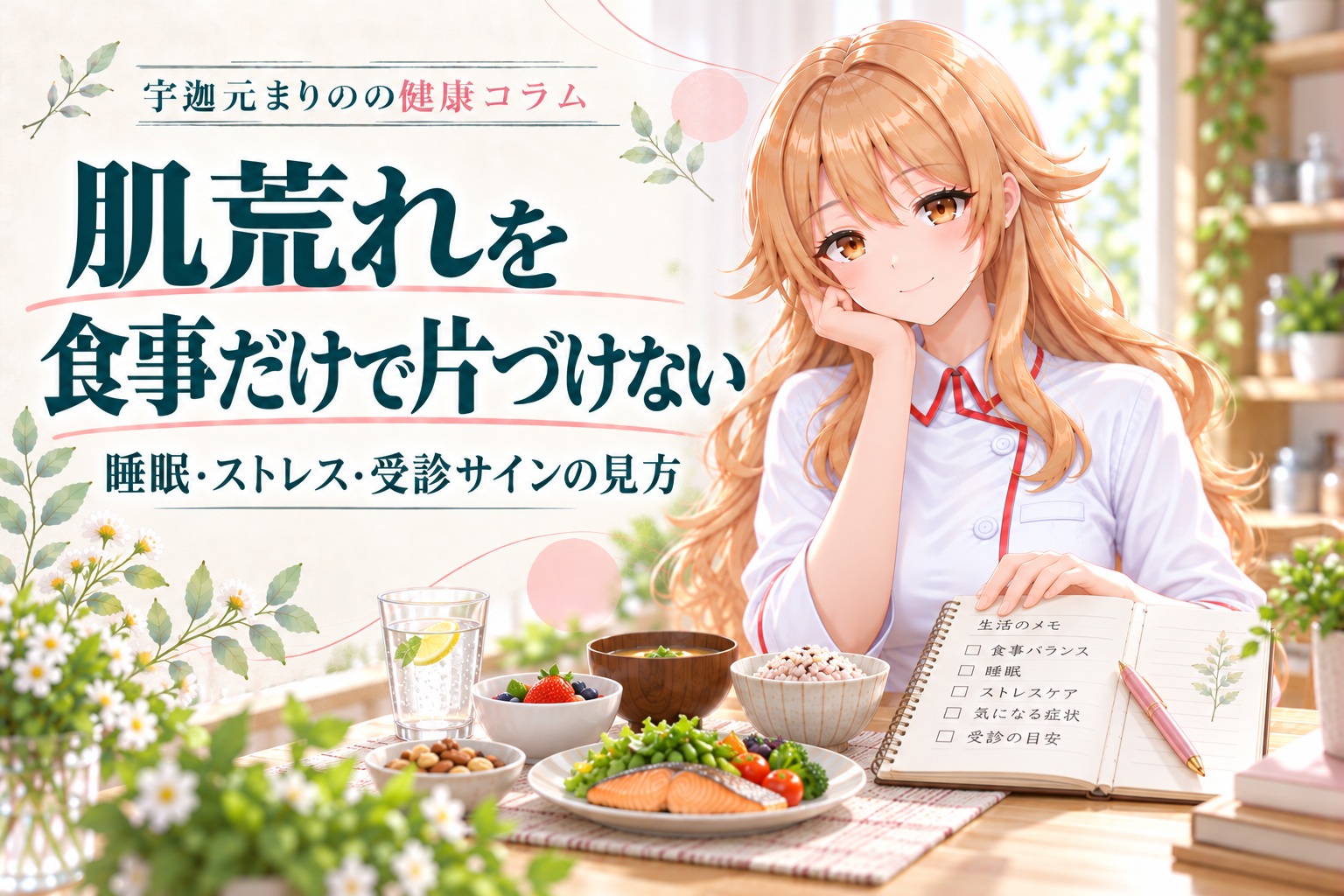 宇迦元まりのの健康コラム。肌荒れを食事だけで片づけず、睡眠や相談の目安を確認。