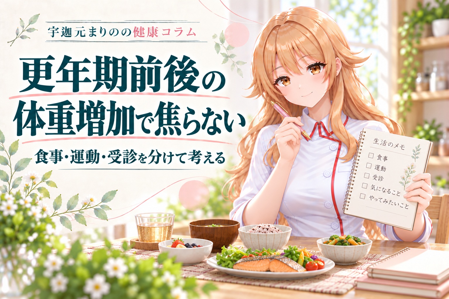 宇迦元まりのの健康コラム。更年期前後の体重増加を食事・運動・受診で考える。