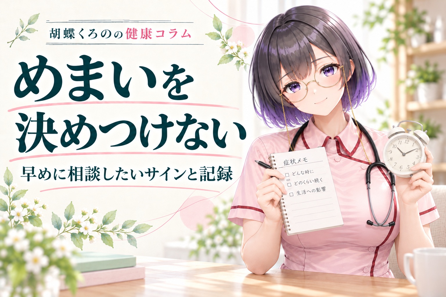 胡蝶くろのの健康コラム。めまいを決めつけず、早めに相談したいサインを記録。