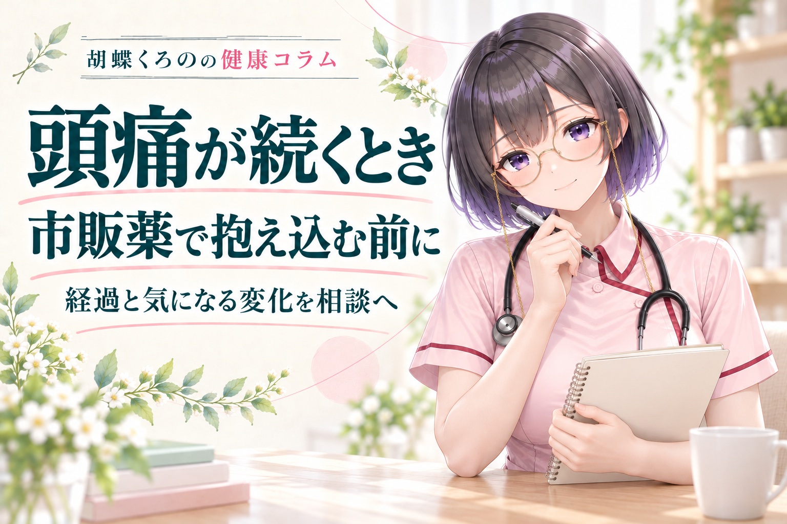 胡蝶くろのの健康コラム。頭痛が続くとき、経過や薬の使用を相談へ。