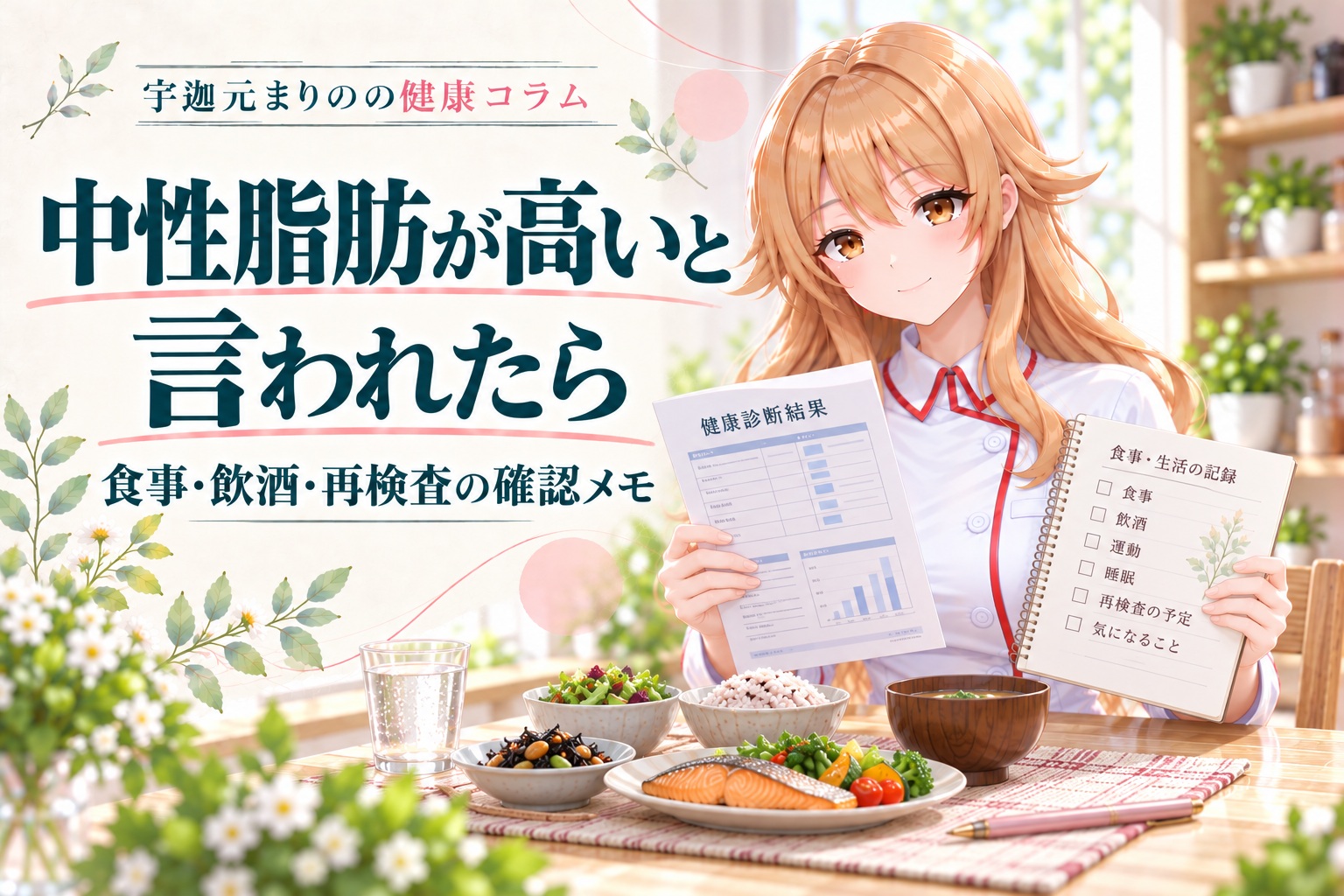 宇迦元まりのの健康コラム。中性脂肪が高いと言われたら、食事・飲酒・再検査を確認。