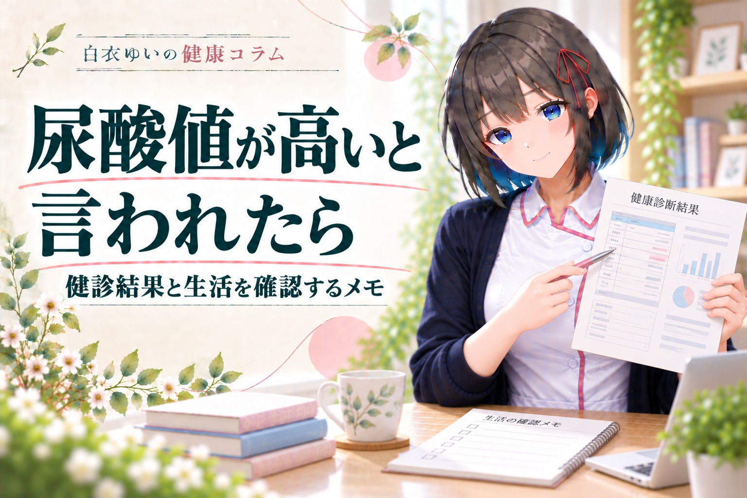 白衣ゆいの健康コラム。尿酸値が高いと言われたら健診結果と生活を確認。