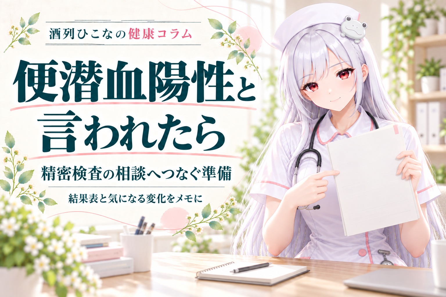 酒列ひこなの健康コラム。便潜血陽性を精密検査の相談につなげる準備。