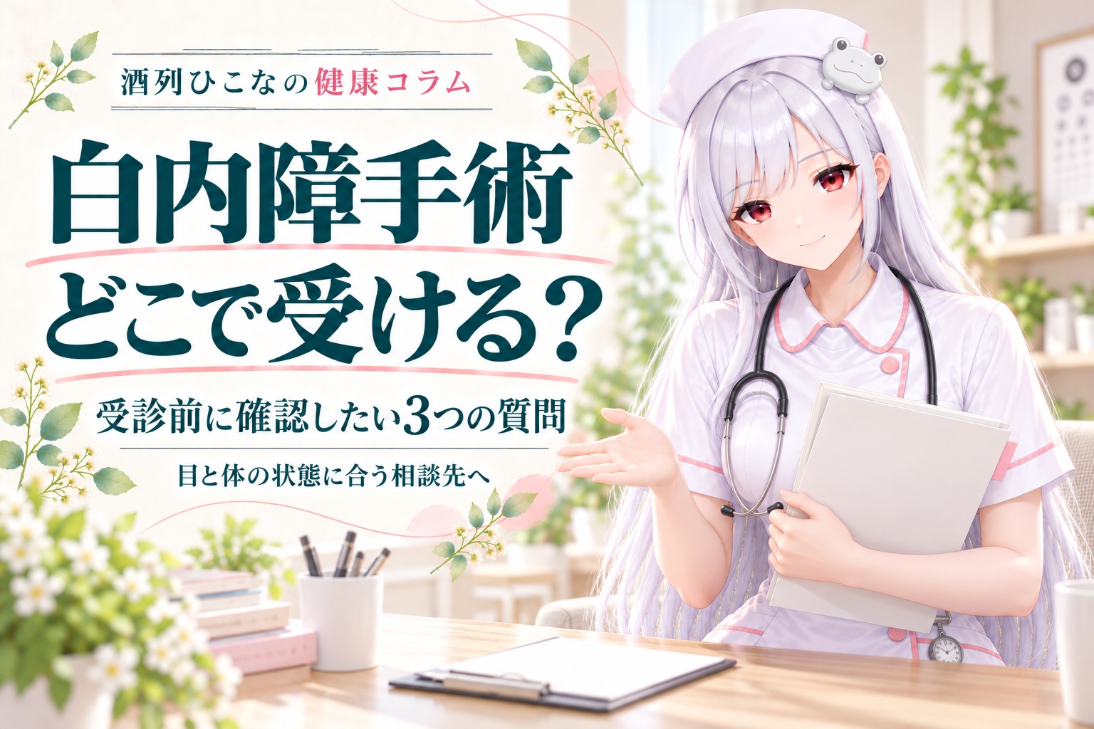 酒列ひこなの健康コラム。白内障手術の受診先で確認したいこと。