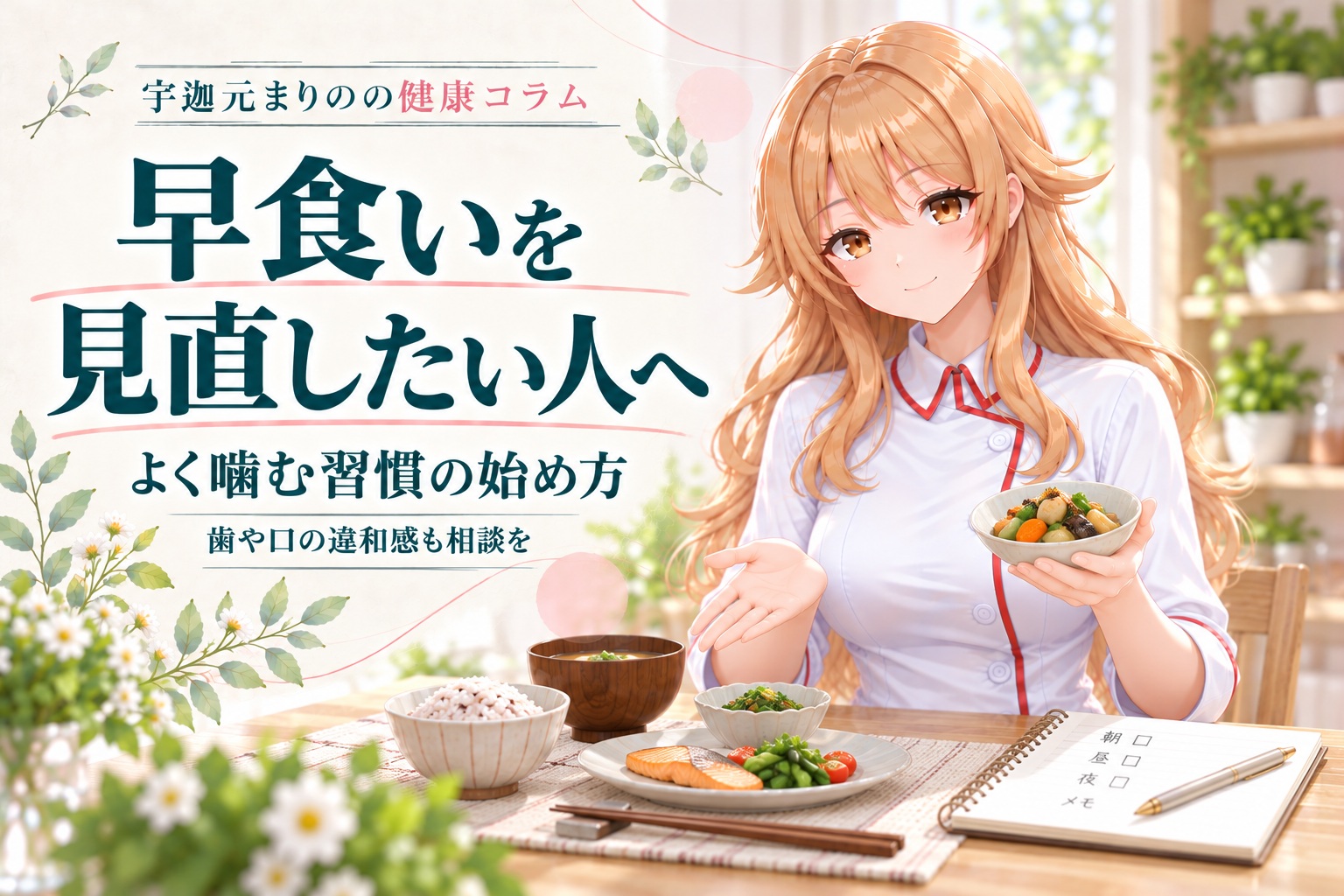 宇迦元まりのの健康コラム。早食いを見直し、よく噛む習慣を考える。