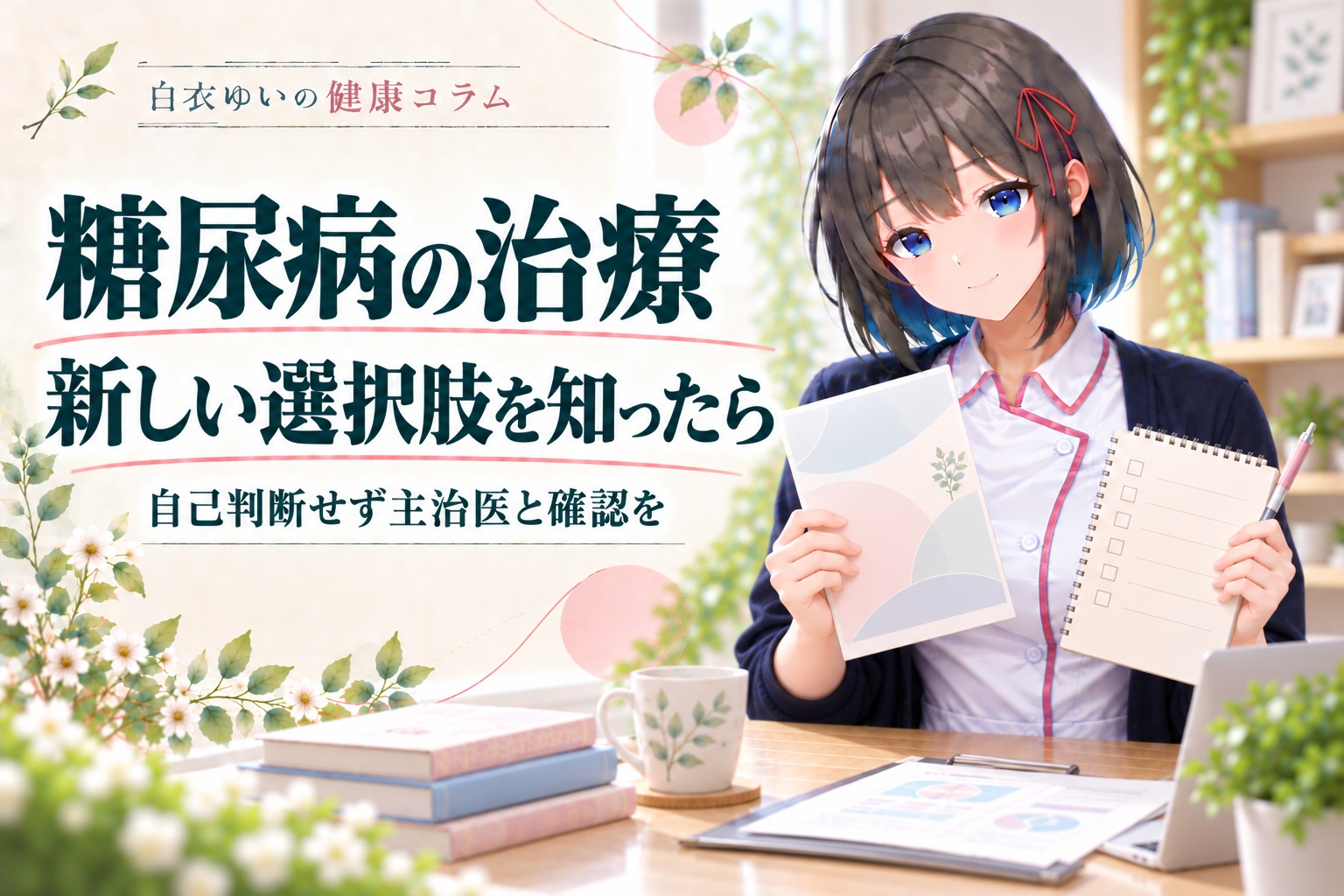 白衣ゆいの健康コラム。糖尿病治療の新しい選択肢を主治医と確認する。