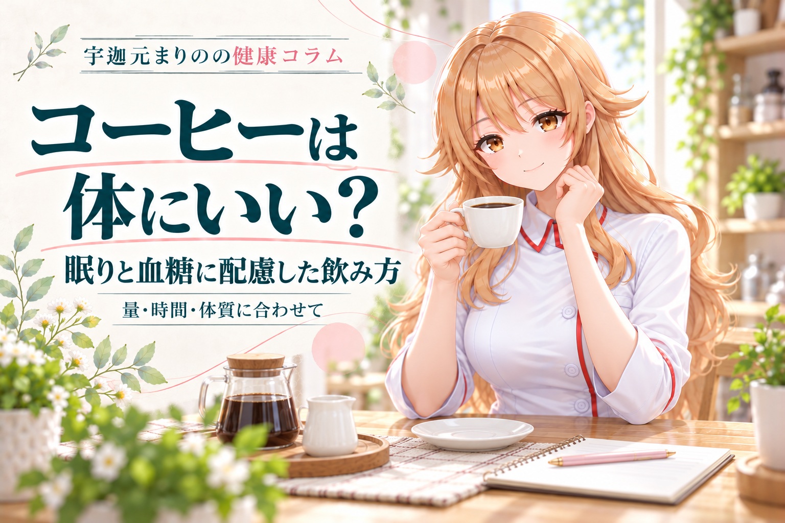 宇迦元まりのの健康コラム。コーヒーと眠り、血糖に配慮した飲み方。