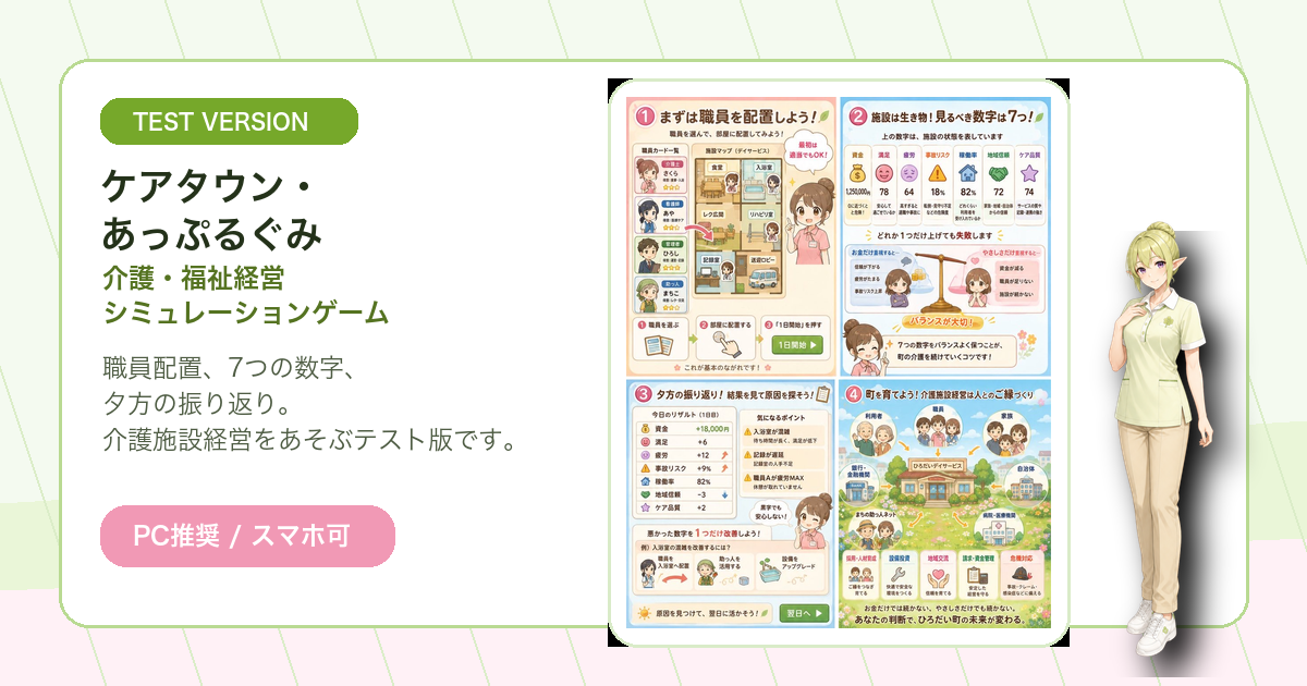 介護・福祉経営シミュレーションゲーム『ケアタウン・あっぷるぐみ』テスト版を公開しました アイキャッチ