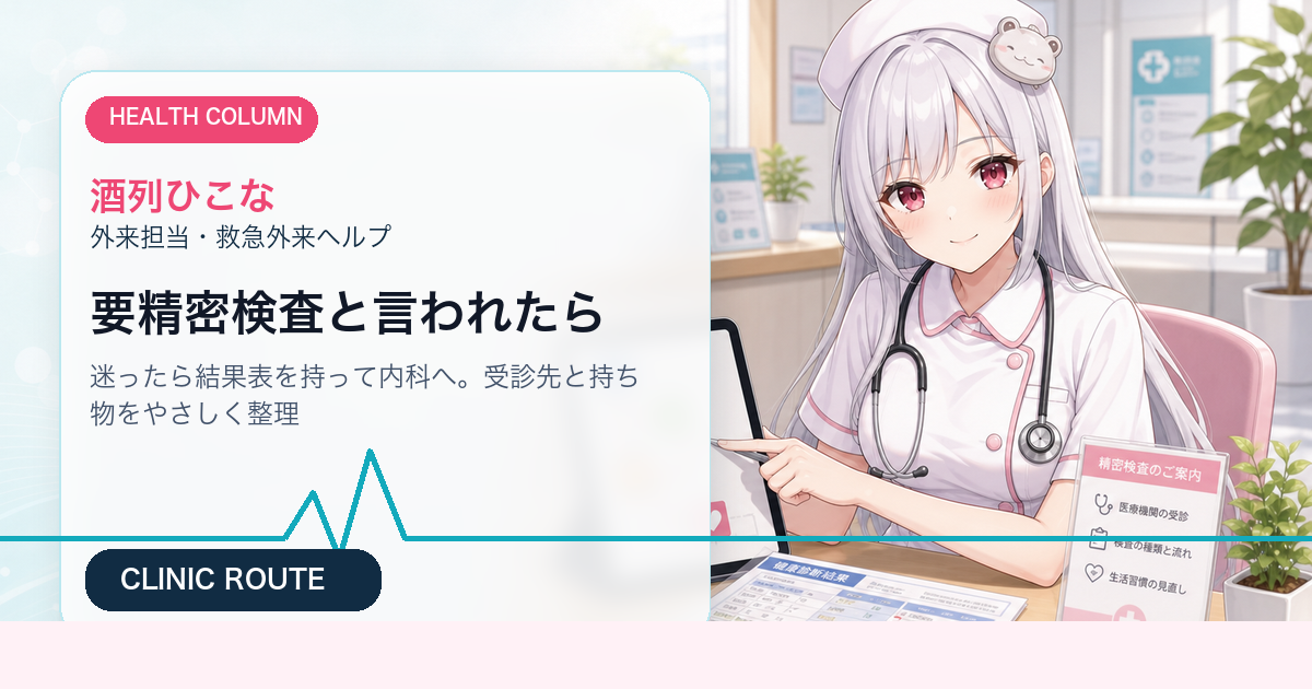 酒列ひこなが要精密検査後の受診先を案内する健康コラムのサムネイル