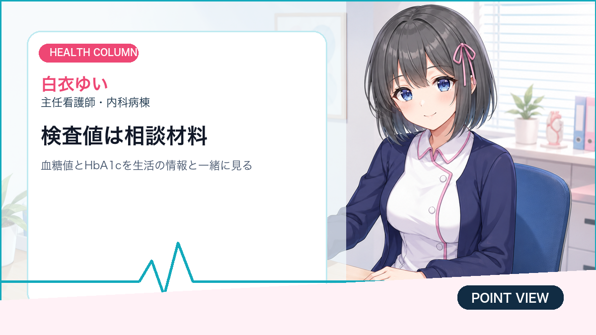 白衣ゆいが糖尿病の検査結果と生活メモを整理するイメージ