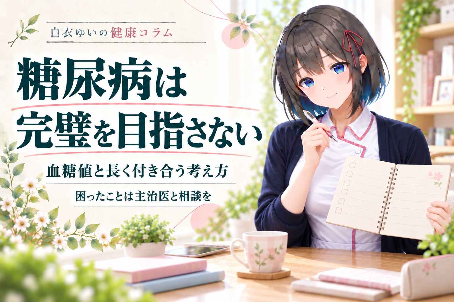 白衣ゆいの健康コラム。糖尿病と長く付き合う考え方。