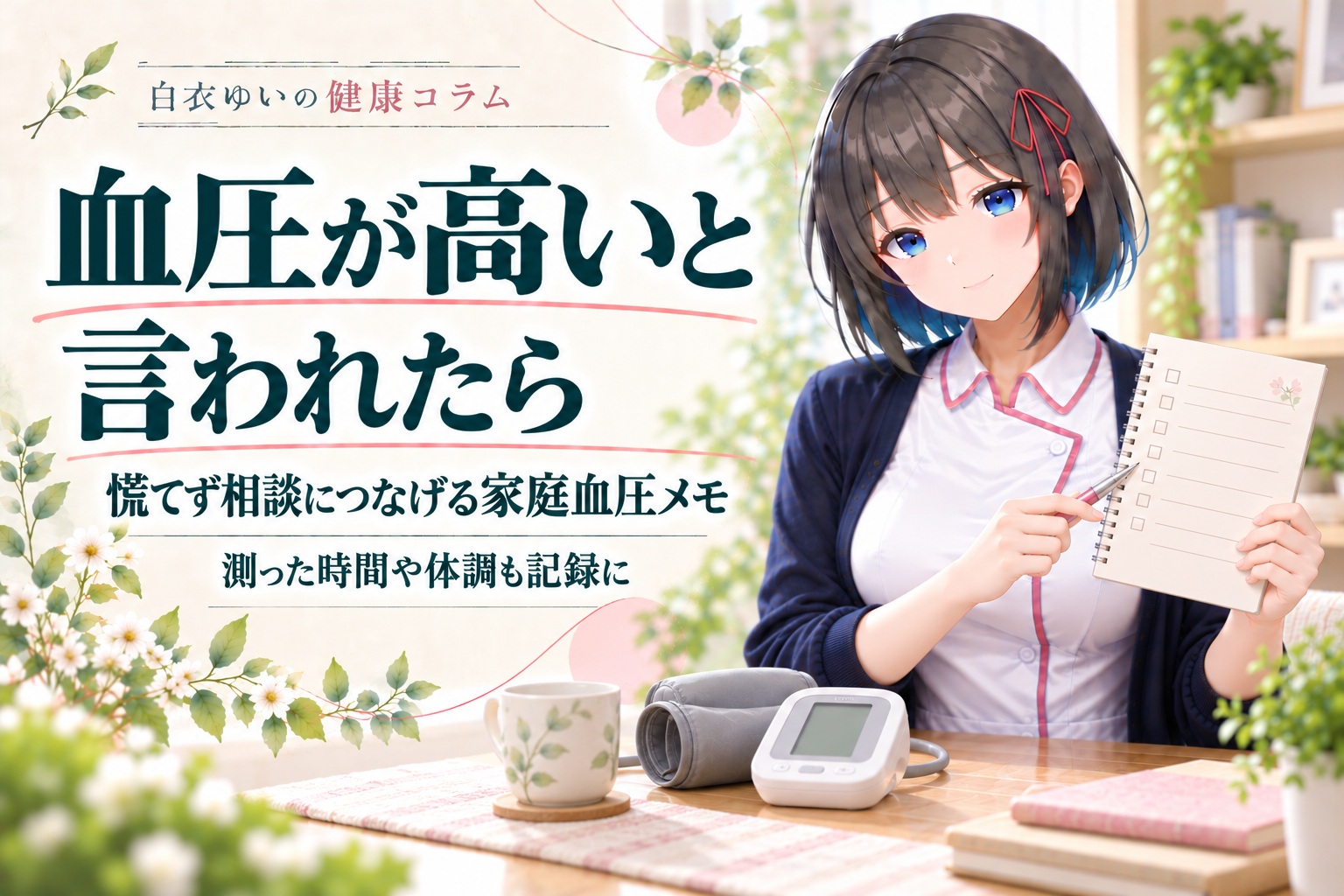 白衣ゆいの健康コラム。血圧が高いと言われたら、家庭血圧を相談につなげるメモ。