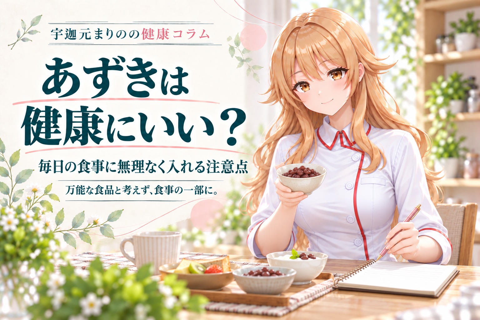 宇迦元まりのの健康コラム。あずきと食物繊維、毎日の食事を考える。