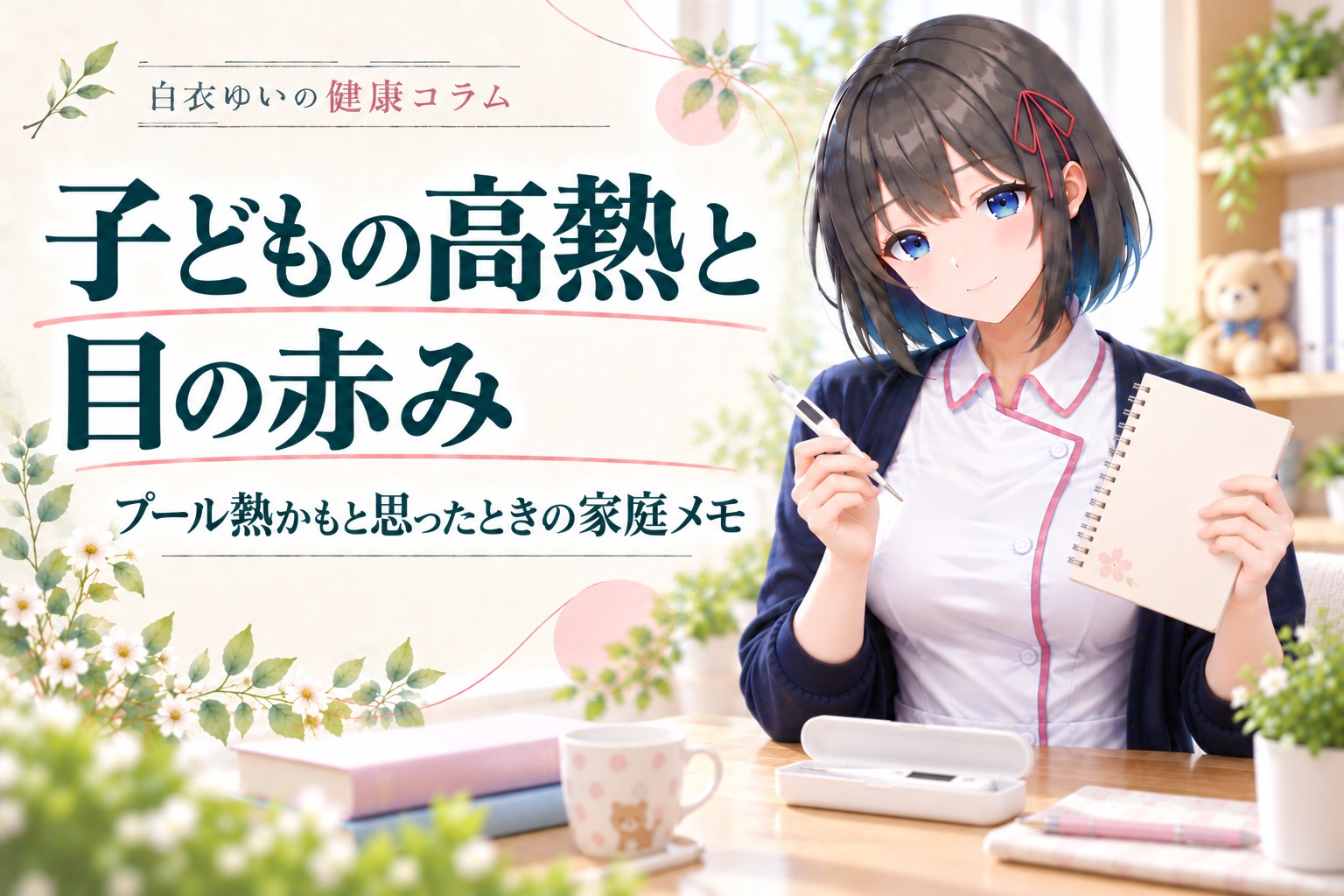 白衣ゆいと、子どもの高熱と目の赤みを相談する家庭メモの見出し