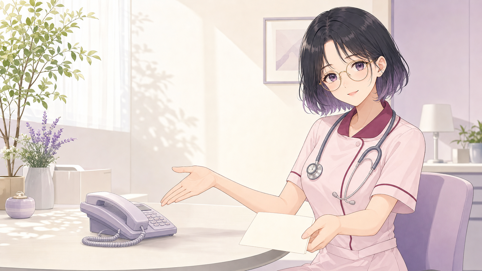 胡蝶くろのが相談のためのメモと電話を案内しているイメージ