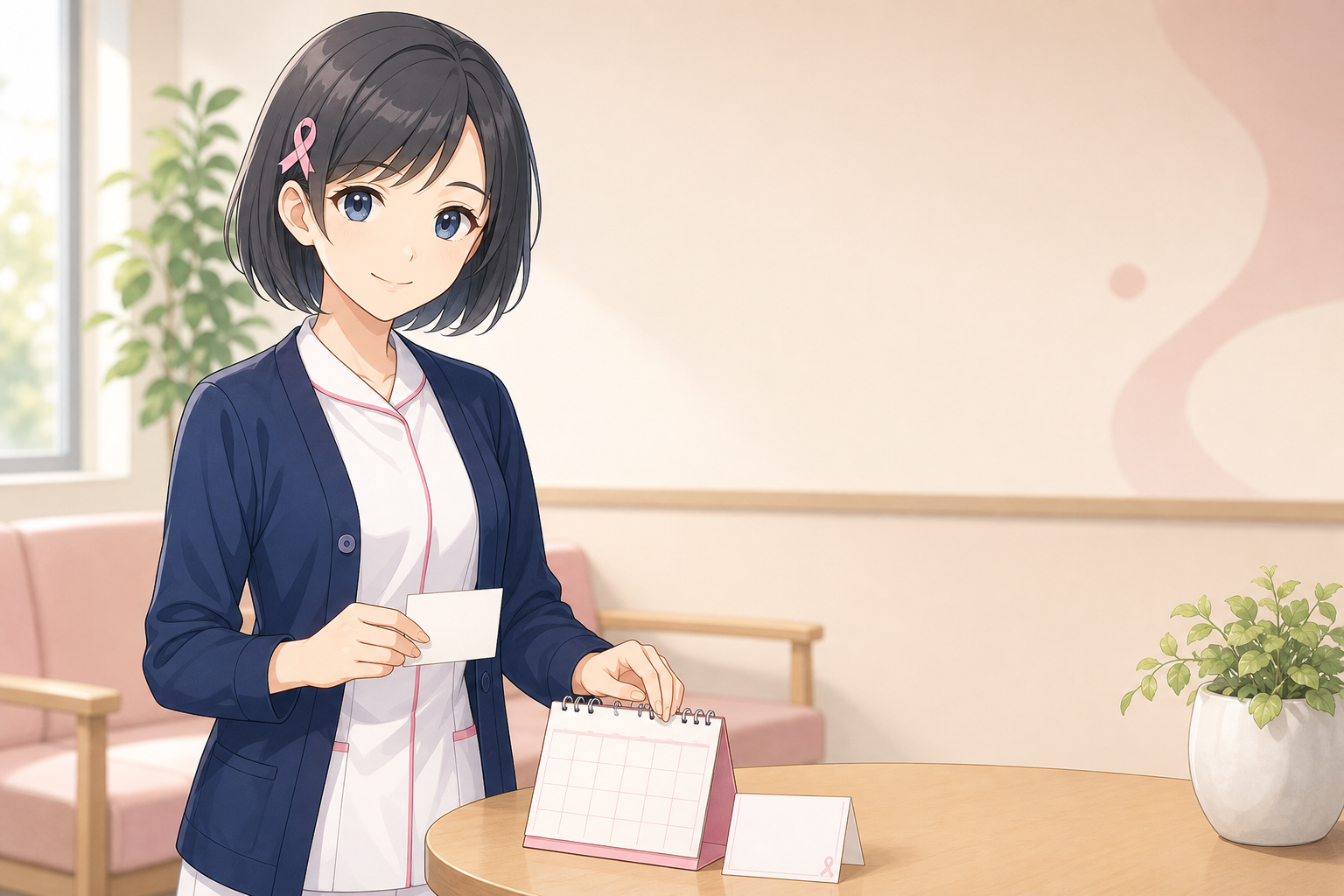 乳房の変化と受診の目安をメモする白衣ゆいのイメージ