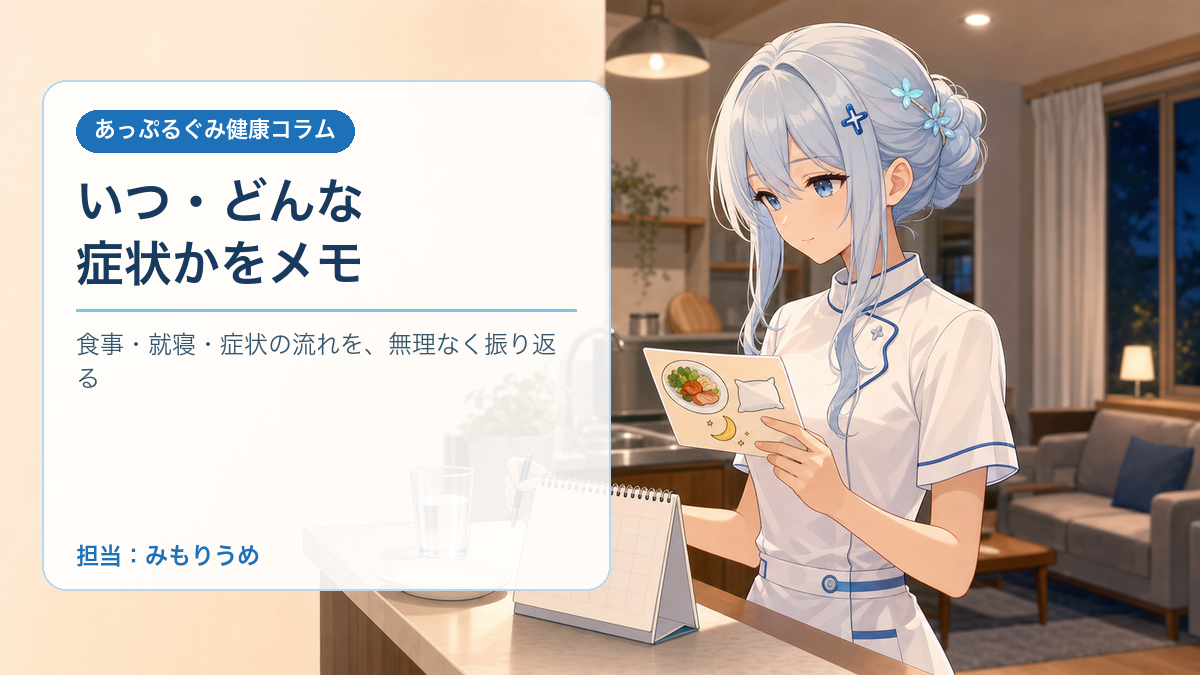 みもりうめをイメージした担当メンバーが、食後の体調をメモしているイラスト