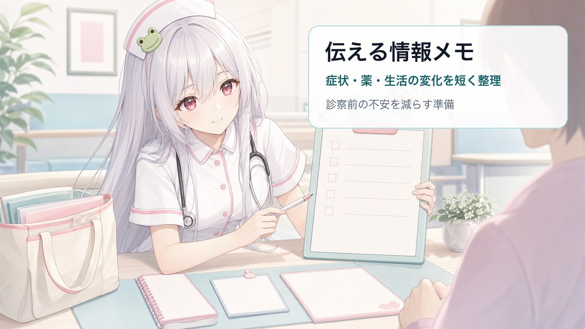 酒列ひこなが受診前に伝えたい情報メモを説明する健康コラム画像