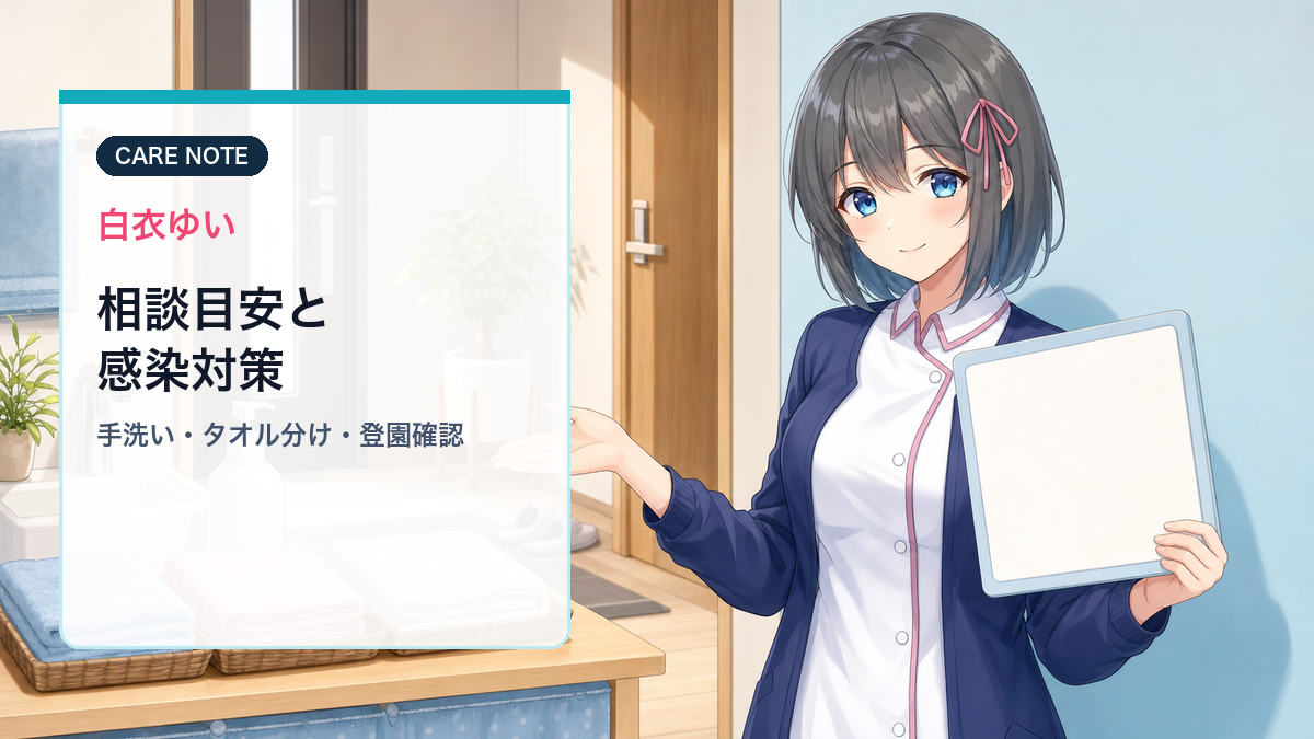 白衣ゆいが手洗いとタオル共有を避けるポイントを説明する健康コラム画像