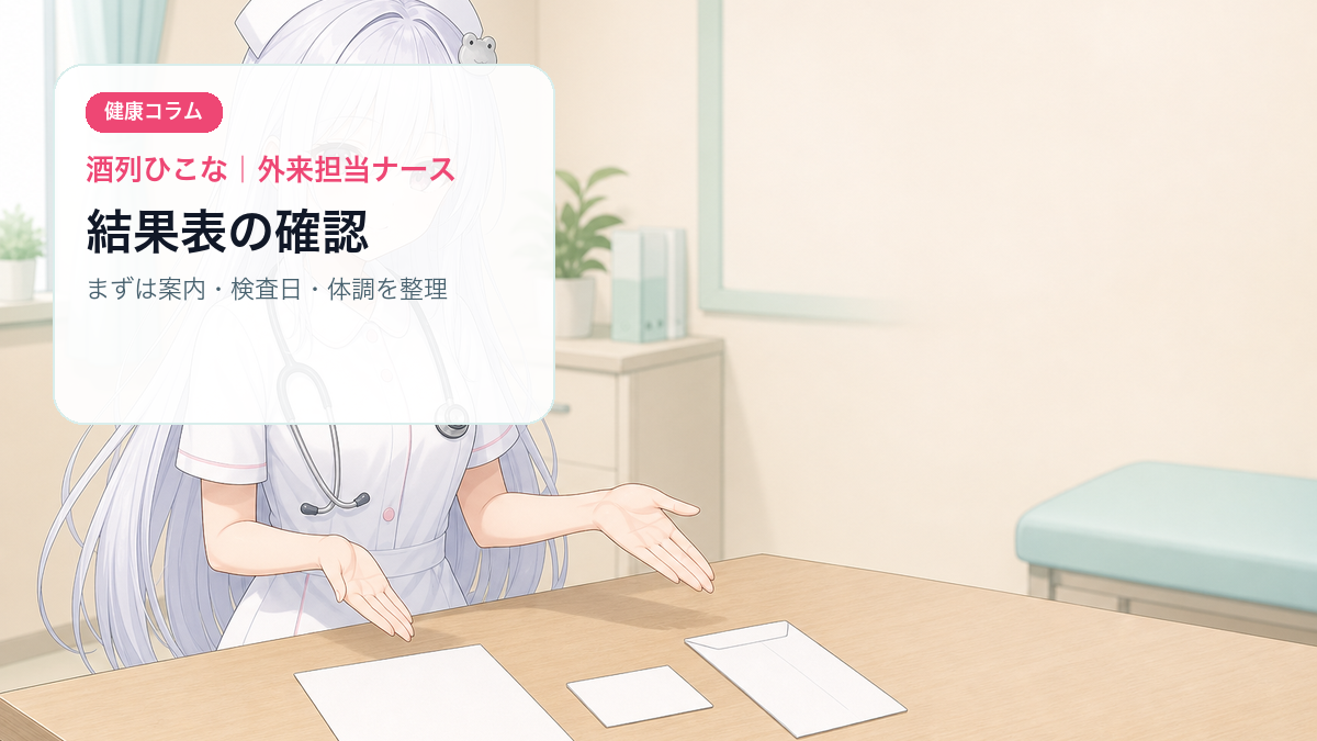 酒列ひこなが健診結果表と予約メモを落ち着いて確認するイメージ