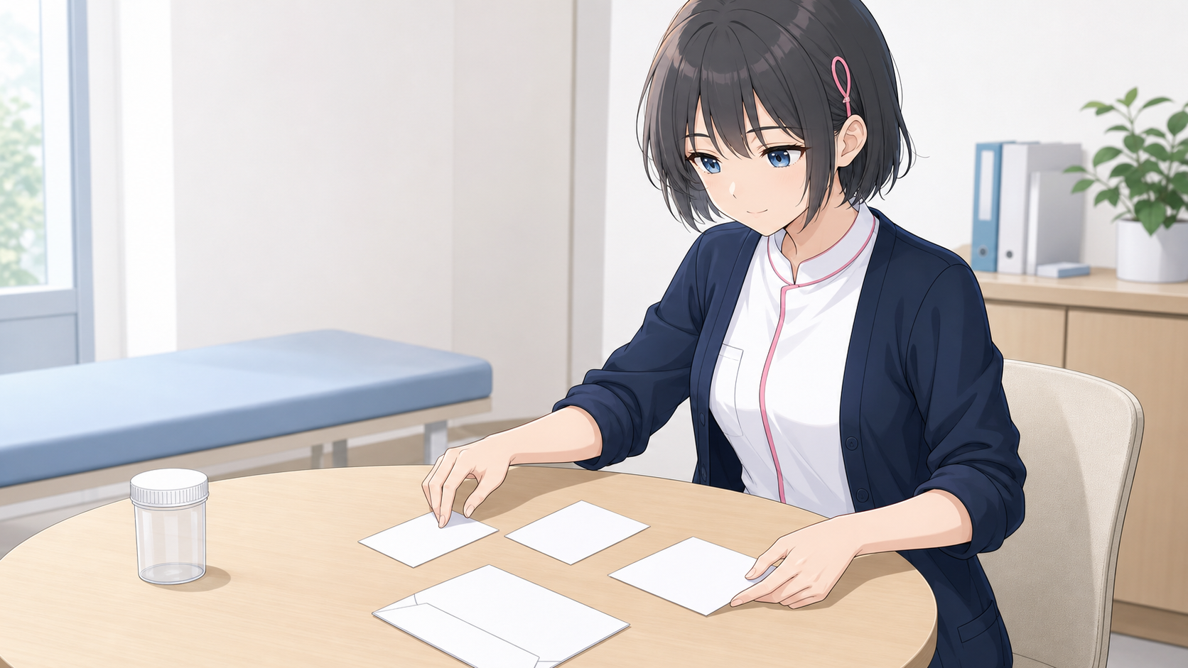 白衣ゆいが健診結果の確認資料を整理しているイラスト