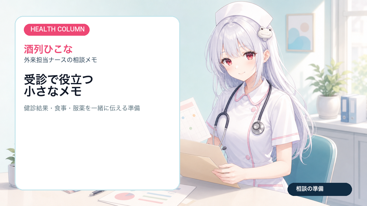 酒列ひこなが健診結果と食事のメモを受診用のファイルにまとめるイメージ