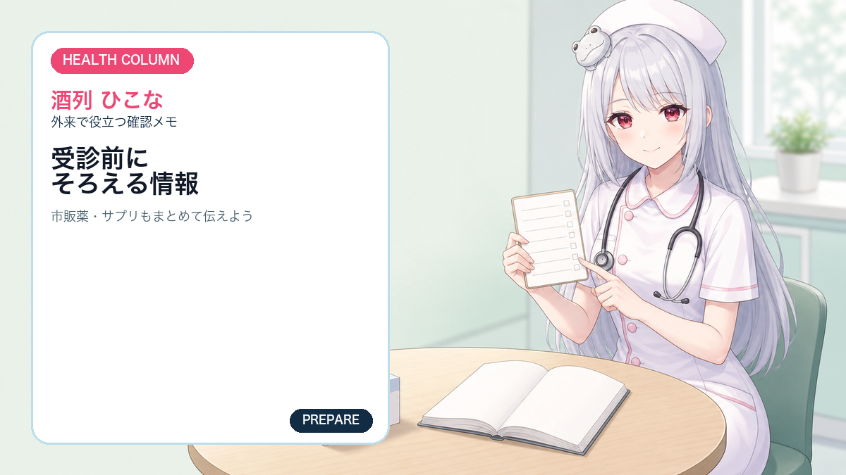 酒列ひこなが受診前にお薬手帳へまとめたい情報を案内するイメージ