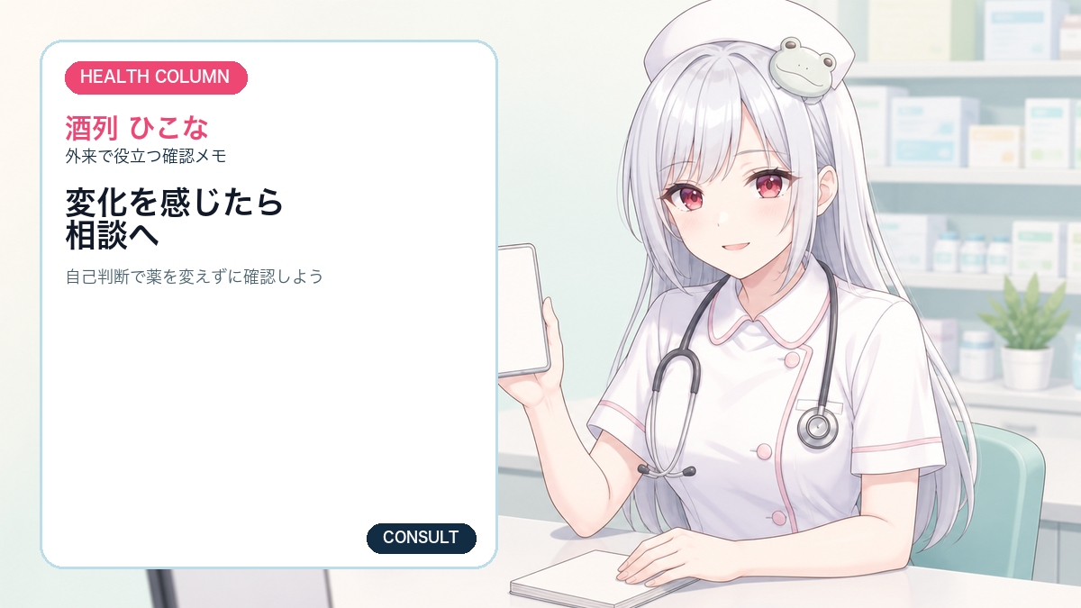 酒列ひこなが薬の使用中に気になる変化を相談する準備を案内するイメージ