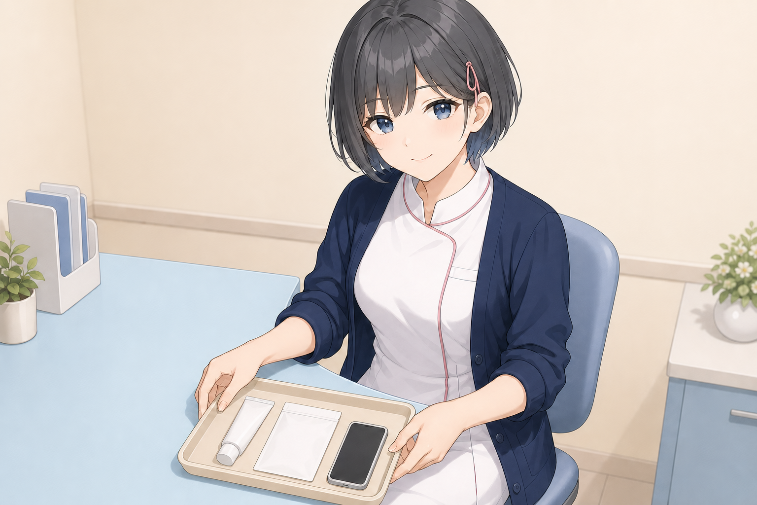 白衣ゆいが塗り薬の確認メモを見ながら相談の準備をするイメージ