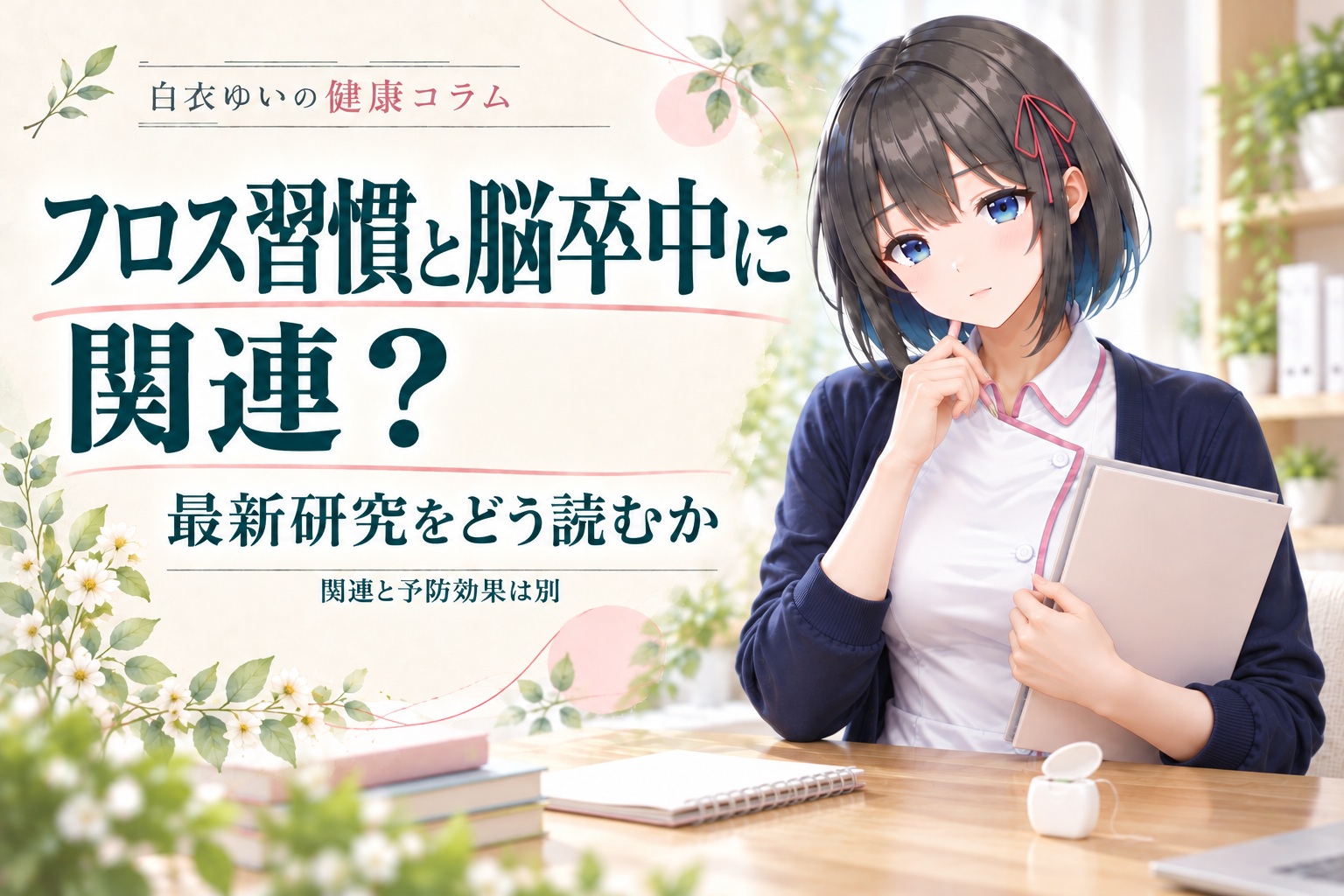 白衣ゆいと、フロス習慣と脳卒中の関連研究を読む健康コラムの見出し