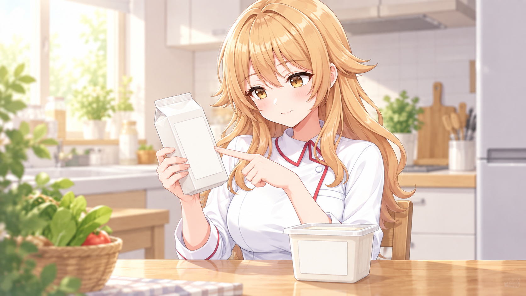 食品容器の表示欄を確認する宇迦元まりの
