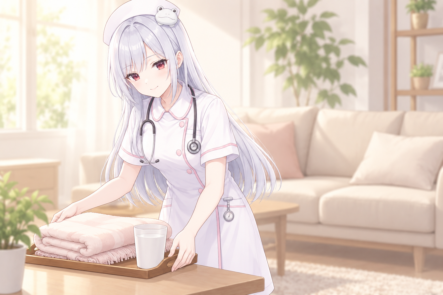 酒列ひこなが水のコップとブランケットを準備するイラスト