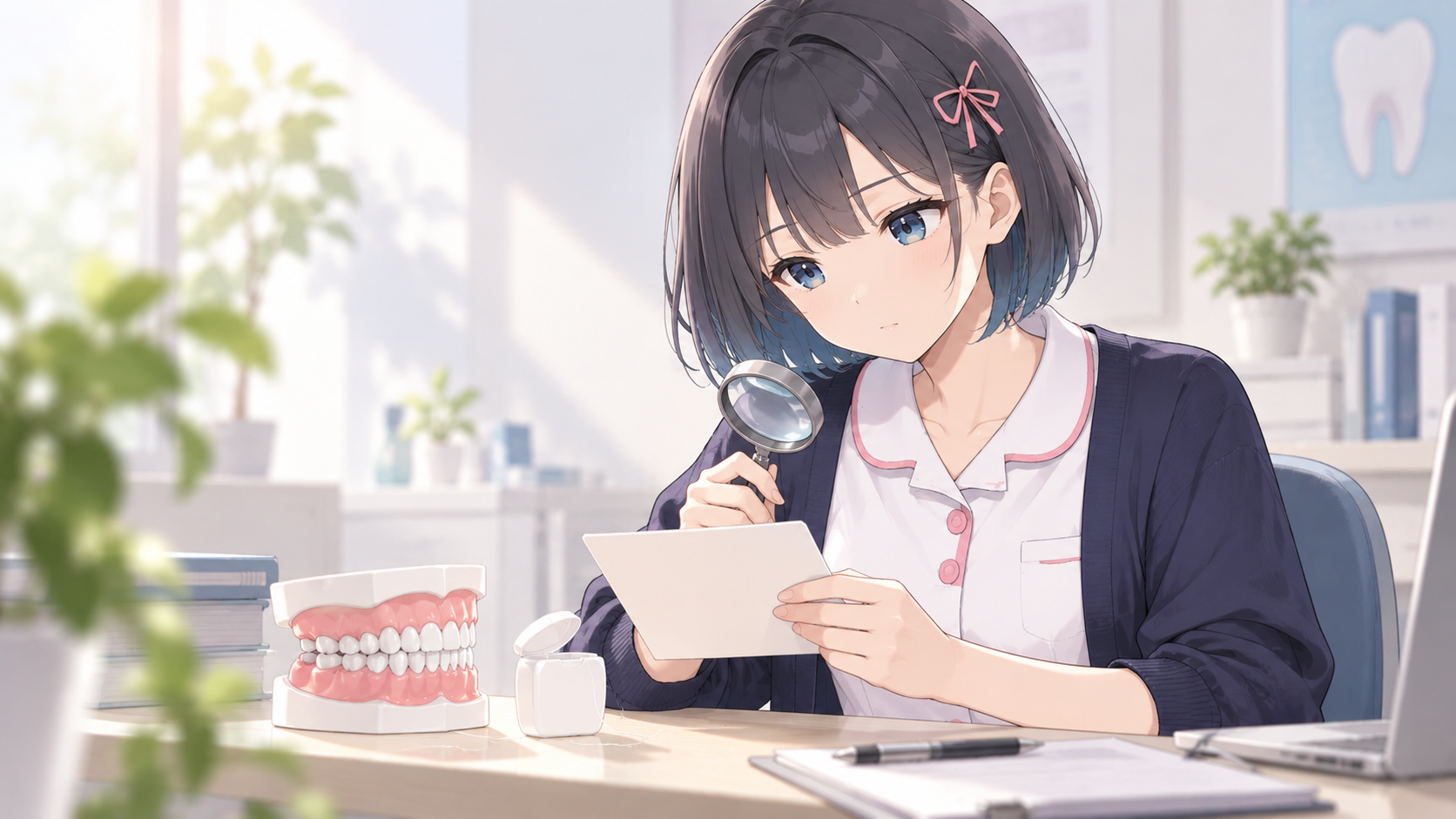 白衣ゆいが歯の模型とフロスを前に研究カードを確認しているイラスト