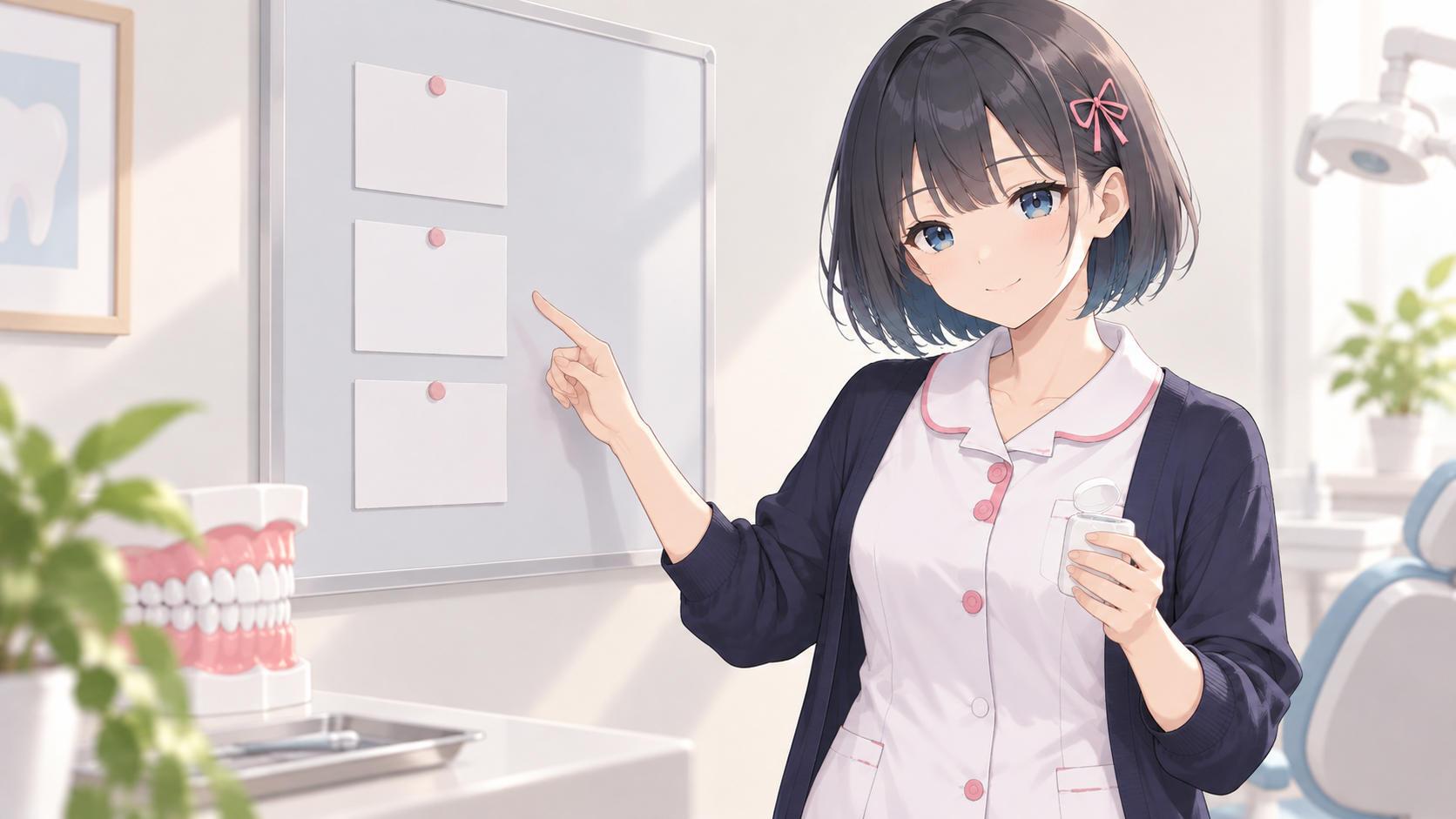白衣ゆいが無地のカードを貼ったボードとフロスを使って説明しているイラスト