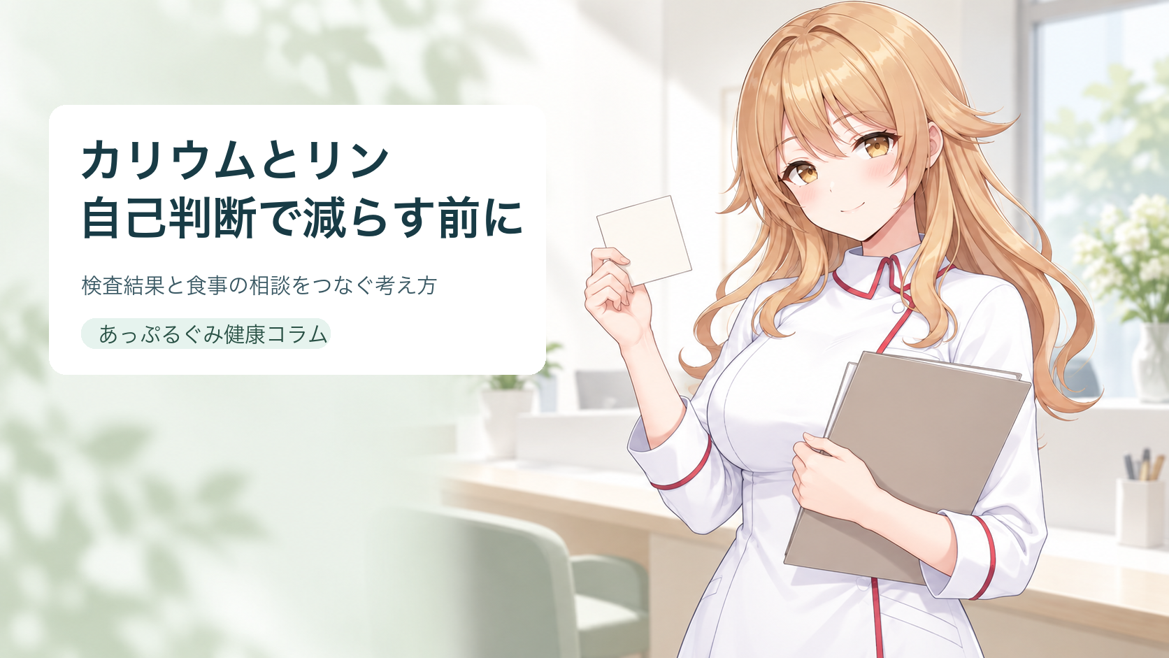 宇迦元まりのが検査結果と食事の相談を案内するイラスト