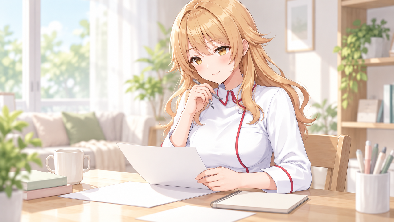 宇迦元まりのが検査結果と相談前のメモを整理するイラスト