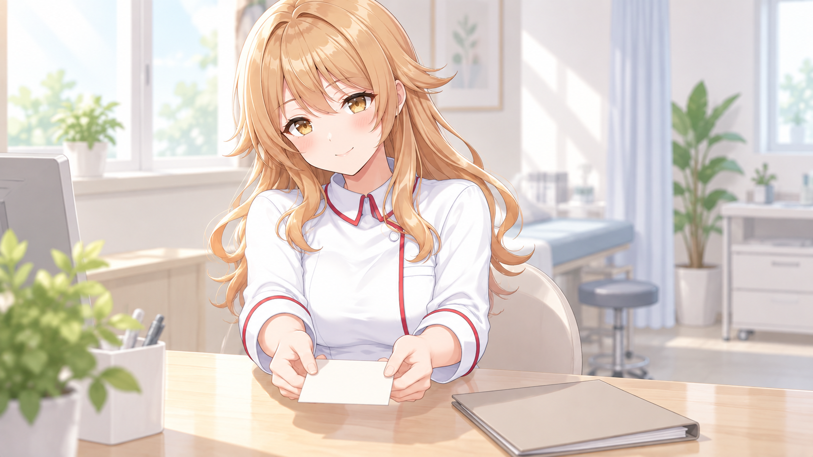 宇迦元まりのが診察室で相談カードを差し出すイラスト
