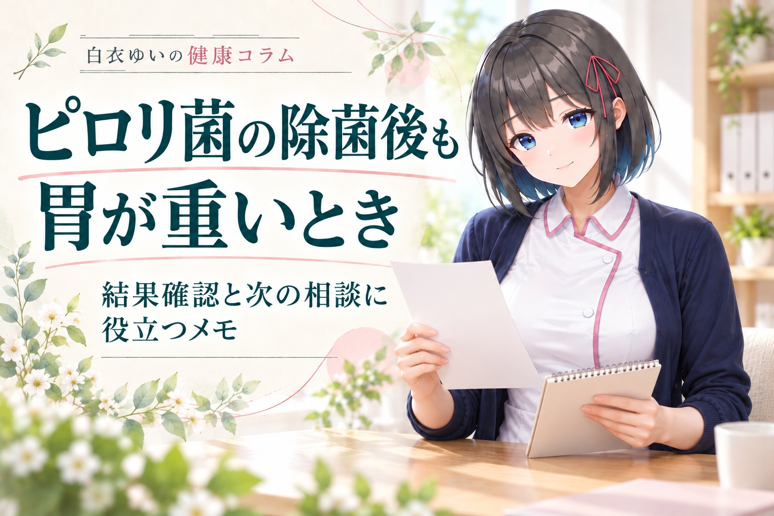 ピロリ菌の除菌後も胃が重いとき。結果確認と次の相談に役立つメモを白衣ゆいが案内