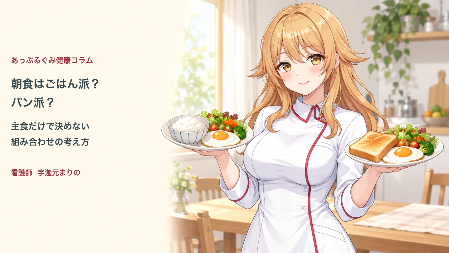 ごはんとパンの朝食の組み合わせを紹介する宇迦元まりの