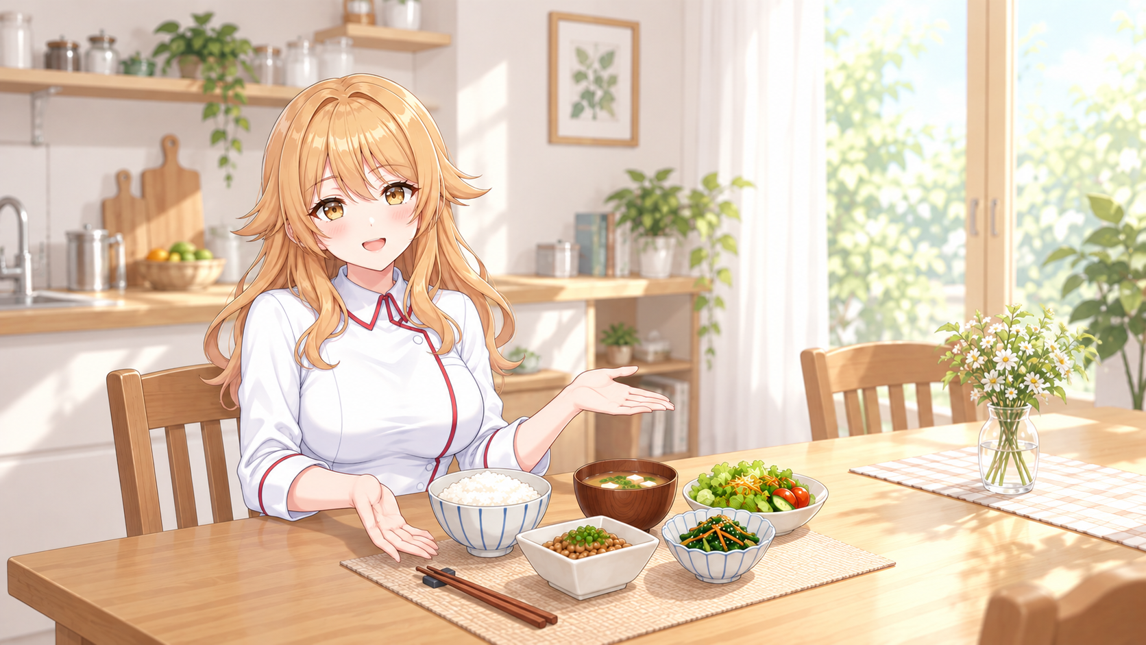 ごはんと納豆、野菜の朝食を紹介する宇迦元まりの