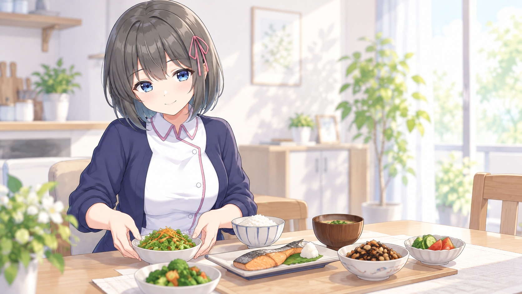 白衣ゆいがさまざまな食品を食卓に並べるイラスト