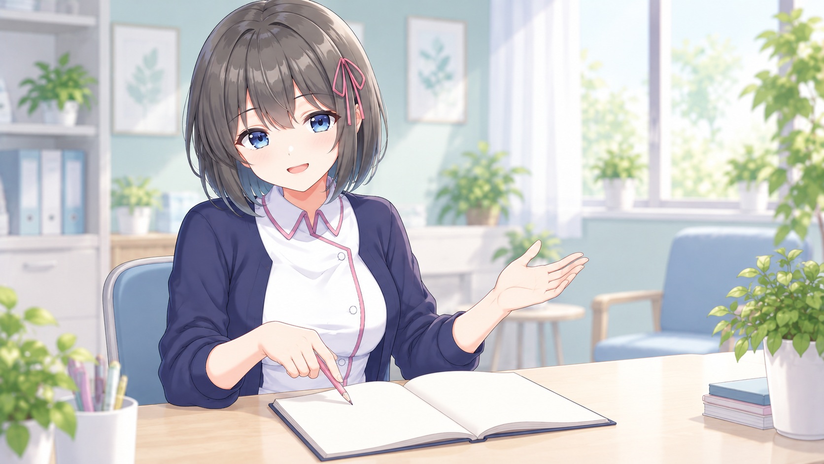 白衣ゆいが生活習慣と検診の相談を案内するイラスト
