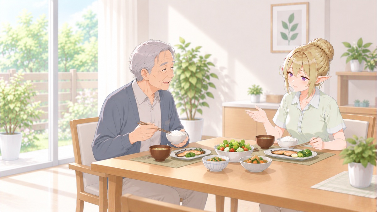 クロエと家族が普段の食事を囲んで話す様子