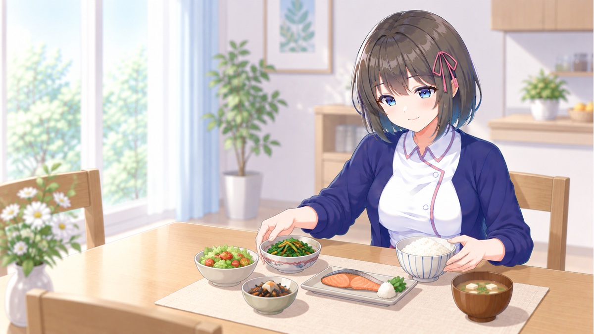 食事の組み合わせを確認する白衣ゆい