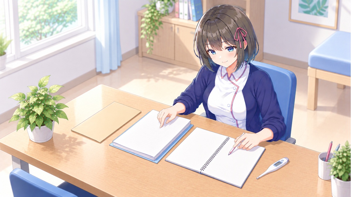 退院書類と症状メモを整理する白衣ゆい