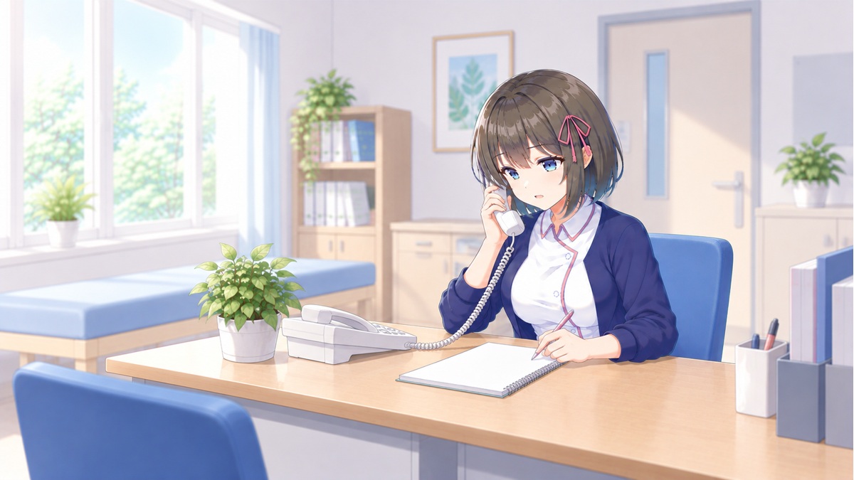 電話で相談を受ける白衣ゆい